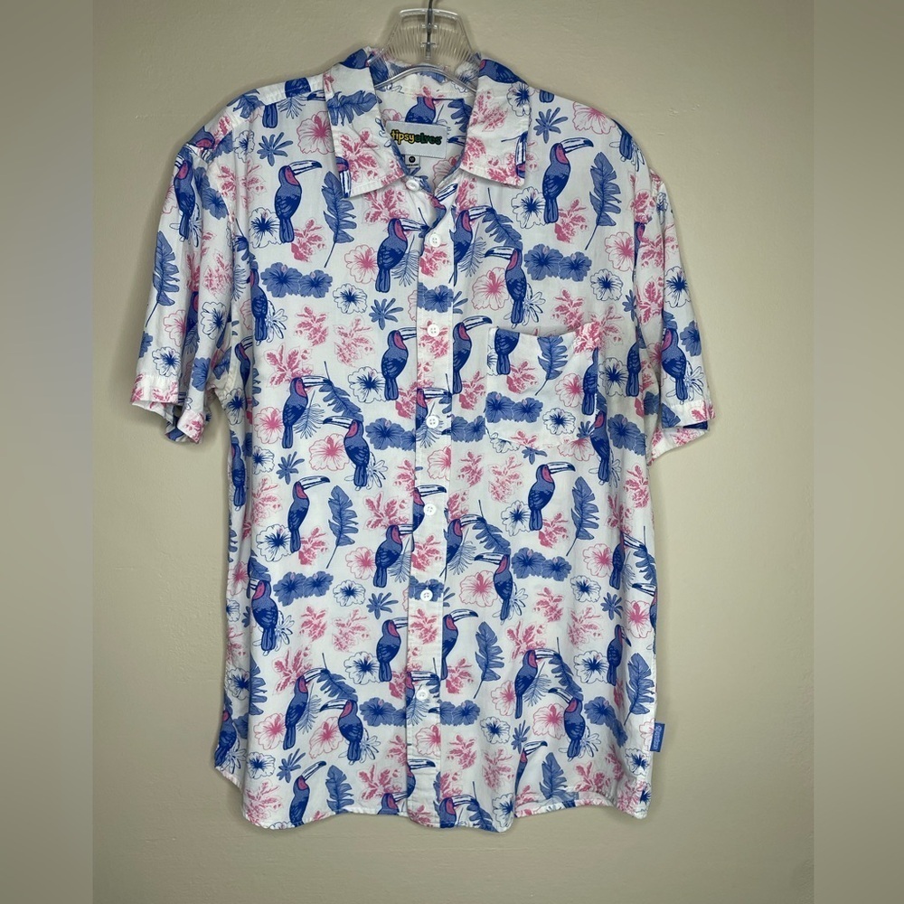 Tipsy Elves Hawaiian Tropical Print Shirt Blue and Pink Size Medium